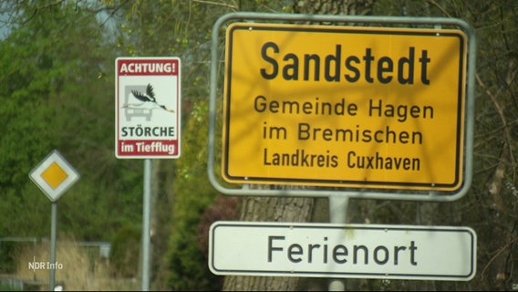 Das Ortsschild von Sandstedt und im Hintergund ein Schild, das auf den Tiefflug der Störche aufmerksam macht. © Screenshot 