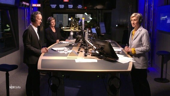 Susanne Strichler mit Gästen im Studio von NDR Info. Sie moderiert die NDR Info Redezeit. © Screenshot 