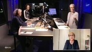 Birgit Langhammer steht im Studio von NDR Info und moderiert die Redezeit. Zwei Gesprächspartnerinnen sind mit ihr im Studio, eine Frau ist zugeschaltet. © Screenshot 