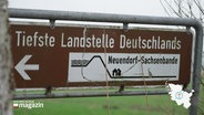 Ein Schild weist die tiefste Landesstelle Deutschlands in Neuendorf-Sachsenbande aus. © Screenshot 