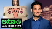 Eine wütende Frau mit einem Plakat, auf dem ein wütender Cartoon-Uterus ist. Daneben Moderator Christian Ehring. (extra 3 vom 18.04.2024 im Ersten) © NDR 