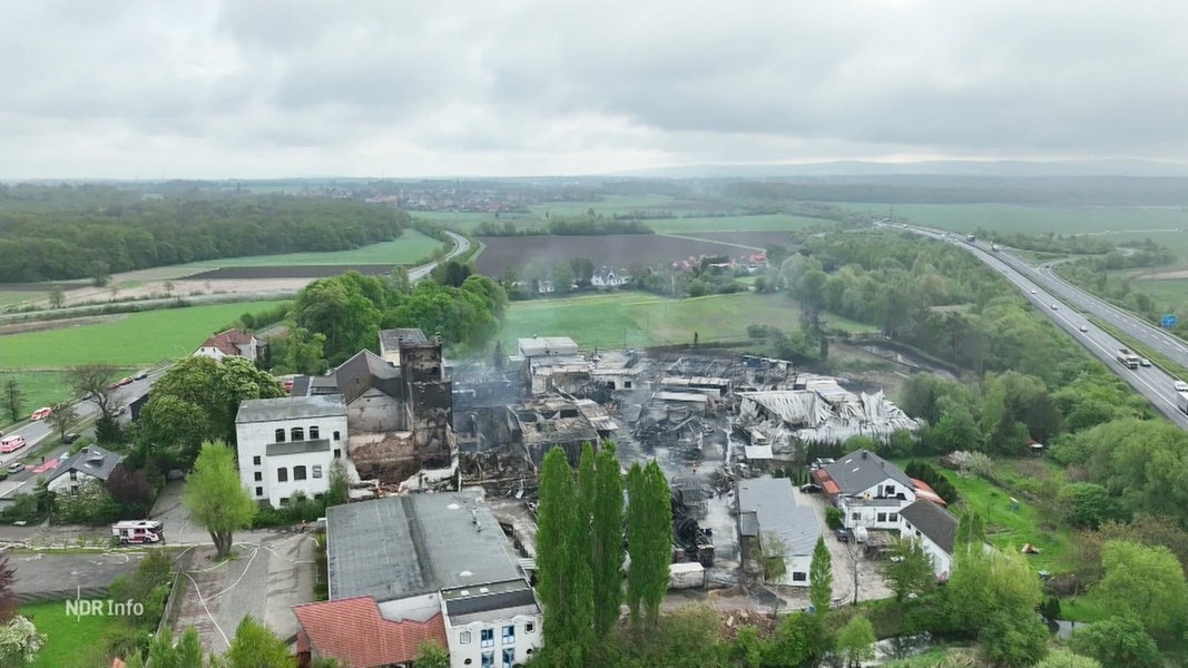 Ein niedergebranntes Fabrikgebäude aus der Luft betrachtet.