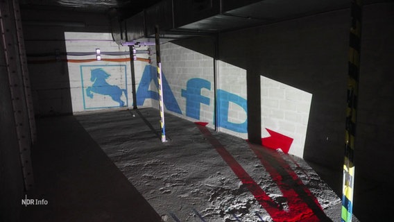 Das Logo der AfD Niedersachsen schräg gegen eine Kellerwand projiziert. © Screenshot 