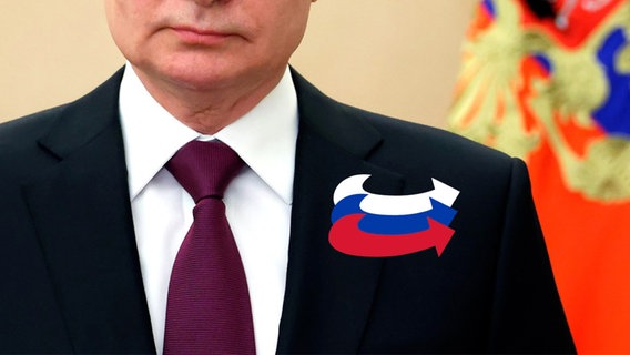 Putin mit drei AfD-Logos in den russichen Landesfarben auf seinem Jacket. (extra 3 vom 18.04.2024 im Ersten) © NDR 