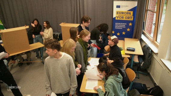 Szene in einem in einer Schule nachgebauten Wahllokal, im Hintergrund ein Plakat für die Europawahl. © Screenshot 