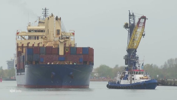 Frachtschiff wird durch die Hafeneinfahrt geschleppt. © Screenshot 