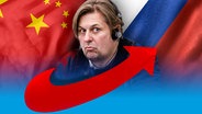 Der AfD-Spitzenkandidat für die Europawahlen Maximilian Krah mit Kopfhörern vor einer chinesischen und russischen Fahne. (extra 3 vom 25.04.2024 im Ersten) © NDR 