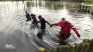 Einsatzkräfte der Vermisstensuche gehen als Menschenkette durch einen Teich. © Screenshot 