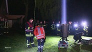 Einsatzkräfte auf einer Wiese bei Nacht. Ein großer Lichtstrahler leuchtet ein helles Licht in den dunklen Himmel. © Screenshot 