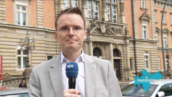 Heiko Sander berichtet live. Er steht vor dem Hamburger Gerichtsgebäude. © Screenshot 