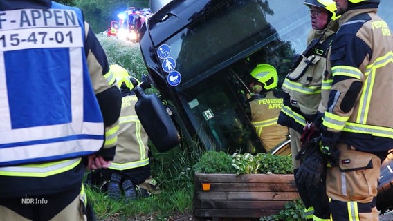 Ein Bus liegt in einem Graben und Rettungskräfte befreien die Insassen. © Screenshot 