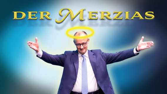 Bundesvorsitzender der CDU und Vorsitzender der CDU/CSU-Bundestagsfraktion Friedrich Merz mit einem Heiligenschein. Er ist der Merzias. (extra 3 vom 09.05.2024 im Ersten) © NDR 