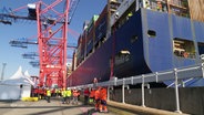 Ein Containerschiff, angeschlossen an die Landstromanlage. © Screenshot 