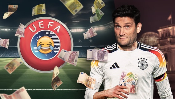 Ein lachendes UEFA-Logo unter einem Geldschein-Regen. Daneben Moderator Christian Ehring im weißen Nationaltrikot mit einem Bündel Geldscheinen in der Hand. (extra 3 vom 16.05.2024 im Ersten) © NDR 