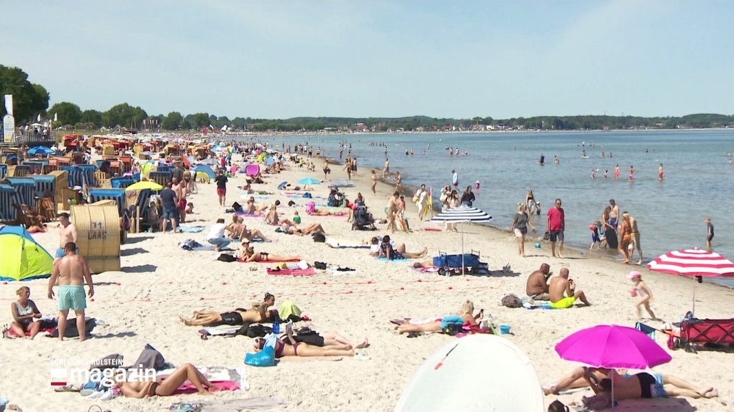 Ein Sandstrand am Meer ist gut gefüllt mit sonnenbadenden Touristen.