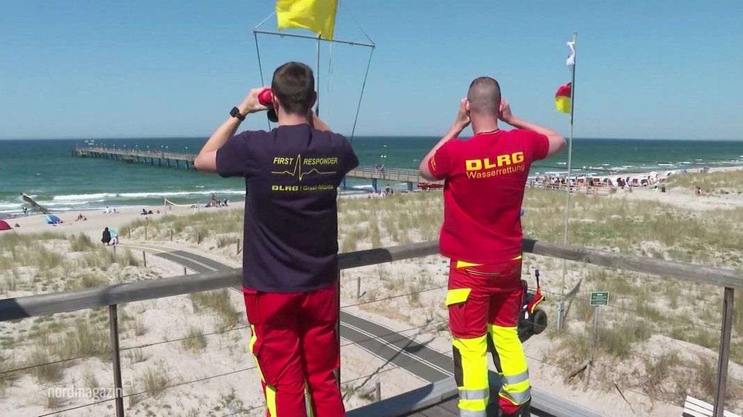 Rettungskräfte der DLRG blicken mit Ferngläsern aufs Meer hinaus.