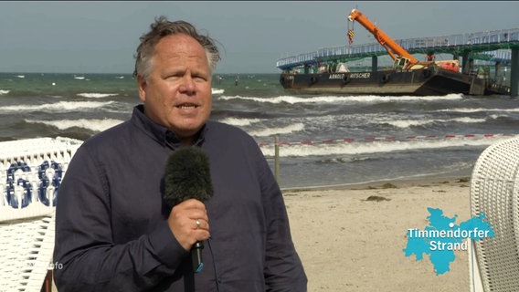 Reporter Tobias Gellert berichtet live aus Timmendorfer Strand. Hinter ihm sind Strandkörbe, die Brandung und das gegen die Seebrücke gedrückte Ponton zu sehen. © Screenshot 