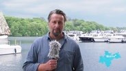 Reporter Stefan Weidig berichtet aus Waren. Er steht vor einer kleinen Bucht in der einige kleine Motoryachten liegen. Über ihm ist der Himmel von grauen Wolken verhangen. © Screenshot 