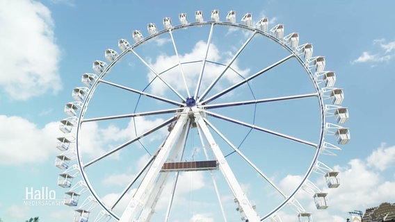 Ein weißes Riesenrad ragt vor blauem Himmel und Wolken auf. © Screenshot 