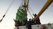 Junge Menschen winken von einem Schiff mit grünen Segeln. © Screenshot 