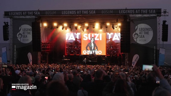 Ein einer großen Bühne ist auf der Leinwand Suzi Quadro zu sehen. © Screenshot 