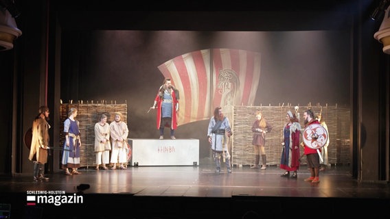 Auf einer Bühne stehen Mesnchen in Wikinger-Kostüm. © Screenshot 