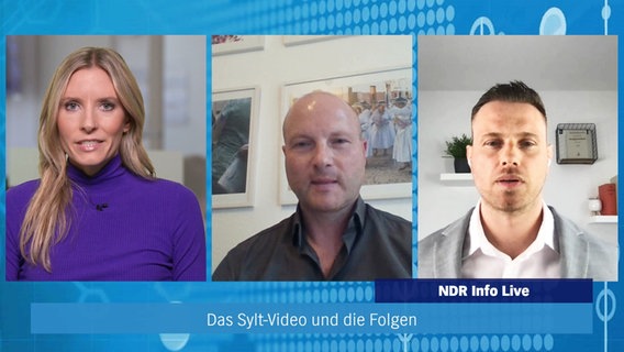 NDR Info live-Moderatorin Ann-Brit Bakkenbüll mit ihren Gesprächspartnern Michael Kraske (M.) und
Jeremy Gartner © Screenshot 
