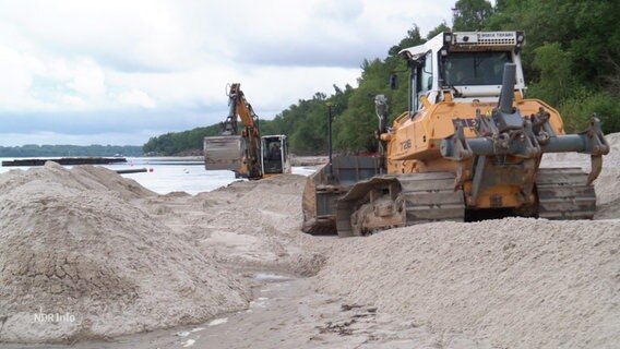 Ein Bulldozer und ein Bagger schütten Sand auf. © Screenshot 