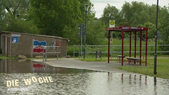Eine überschwemmte Straße in der Stadt Grimmen. © Screenshot 