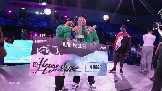 Die beiden Tänzer Uckay und Adnan jubeln bei der Siegerehrung. Sie halten Trophäen und einen großen Scheck in den Händen. © Screenshot 