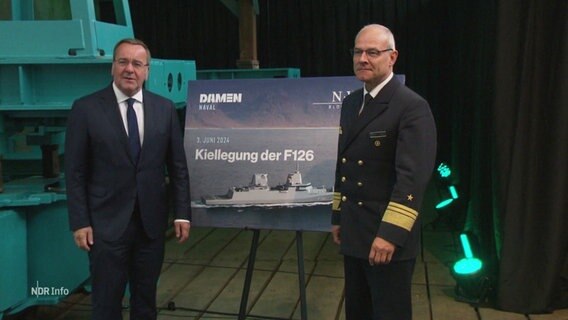 Verteidigungsminister Pistorius heute bei der Kiellegung der neuen Fregatte "Niedersachsen" in Wolgast. © Screenshot 