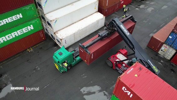 Ein Container wird auf einen Lastkraftwagen geladen. © Screenshot 