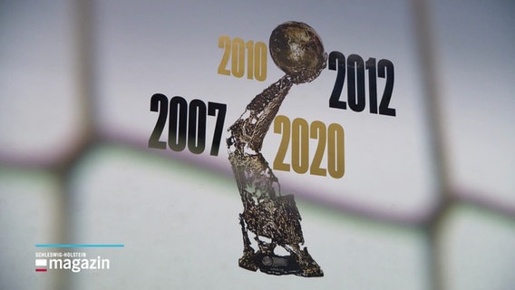 Eine Handball-Trophäe und verschiedene Jahreszahlen. © Screenshot 