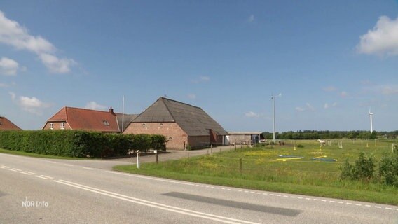 Unter blauem Himmel liegt ein Dänisches Gehöft in einer weiten, flachen, grünen Landschaft. © Screenshot 