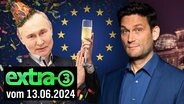 Wladimir Putin mit einem Glas Sekt vor einer Europa-Flagge unter einem Konfetti-Regen. Daneben Moderator Christian Ehring (extra 3 vom 13.06.2024 im Ersten) © NDR 