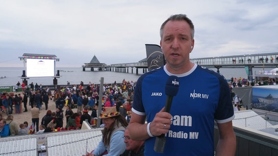 Die ersten Besucher sietzen beim Public Viewing der Fußball-EM am Strand von Heringsdorf. © Screenshot 
