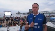 Die ersten Besucher sietzen beim Public Viewing der Fußball-EM am Strand von Heringsdorf. © Screenshot 