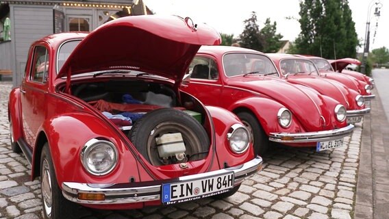 Rote VW-Käfer stehen nebeneinander. © Screenshot 