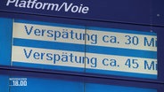 Eine Bahnhofs-Anzeigetafel zeigt Verspätungsmeldungen. © Screenshot 