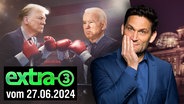 Präsidentschaftskandidat Donald Trump und US-Präsident Joe Biden in Boxhandschuhen. Daneben Moderator Christian Ehring. (extra 3 vom 27.06.2024 im Ersten) Präsidentschaftskandidat Donald Trump und US-Präsident Joe Biden in Boxhandschuhen. Daneben Moderator Christian Ehring. (extra 3 vom 27.06.2024 im Ersten) © NDR