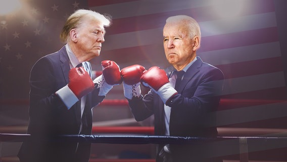 Präsidentschaftskandidat Donald Trump und US-Präsident Joe Biden in Boxhandschuhen. (extra 3 vom 27.06.2024 im Ersten) © NDR 