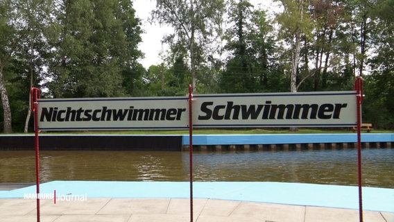Ein Schild weist auf dem Schwimmer- und den Nichtschwimmerbereich in einem Naturfreibad hin. © Screenshot 