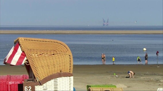 Strandszene mit Bohrinsel am Horizont. © Screenshot 