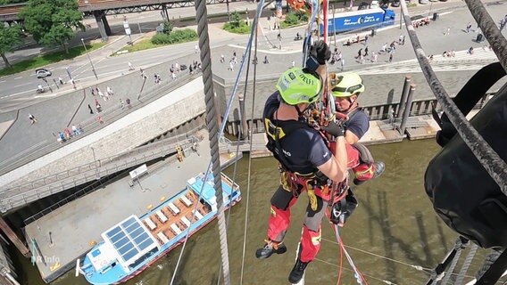 Zwei Höhenretter der Feuerwehr hängen an einem Schiffsmast. © Screenshot 