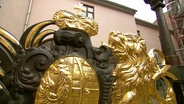 Eine Wetterfahne aus Messing mit goldenen Verzierungen, einem Wappen und einem goldenen Löwen © Screenshot 