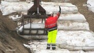 Ein Arbeiter dirigiert einen Baggerfahrer beim Wiederaufschütten eines Strandes. © Screenshot 