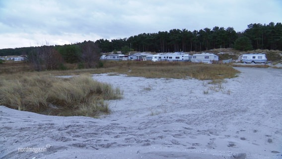 Am Strand von Prerow, im Hintergrund Wohnwagen und Vorzelte. © Screenshot 
