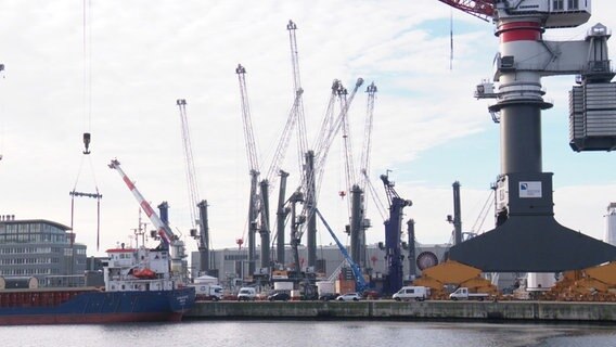 Kräne stehen im Hafen. © Screenshot 