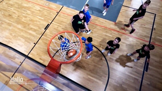 Ein Basketballkorb aus der Vogelperspektive. Gerade geht ein Ball ins Netz, der junge Werfer und siene Mannschaft freuen sich. © Screenshot 