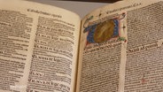 Eine mittelalterliche Handschrift in einem aufgeschlagenem alten Buch © Screenshot 